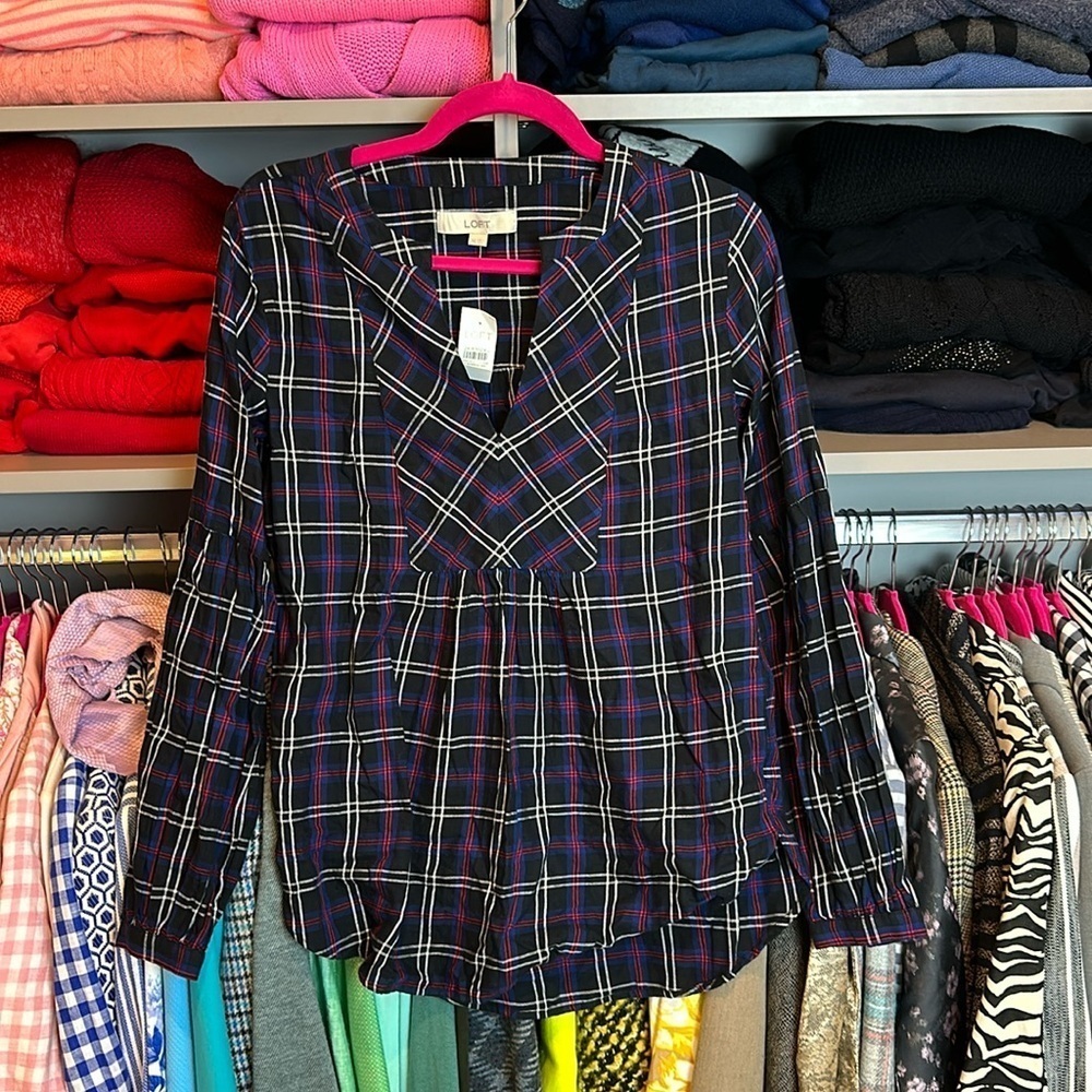 Loft black/red/blue/white plaid popover blouse size XS NWT